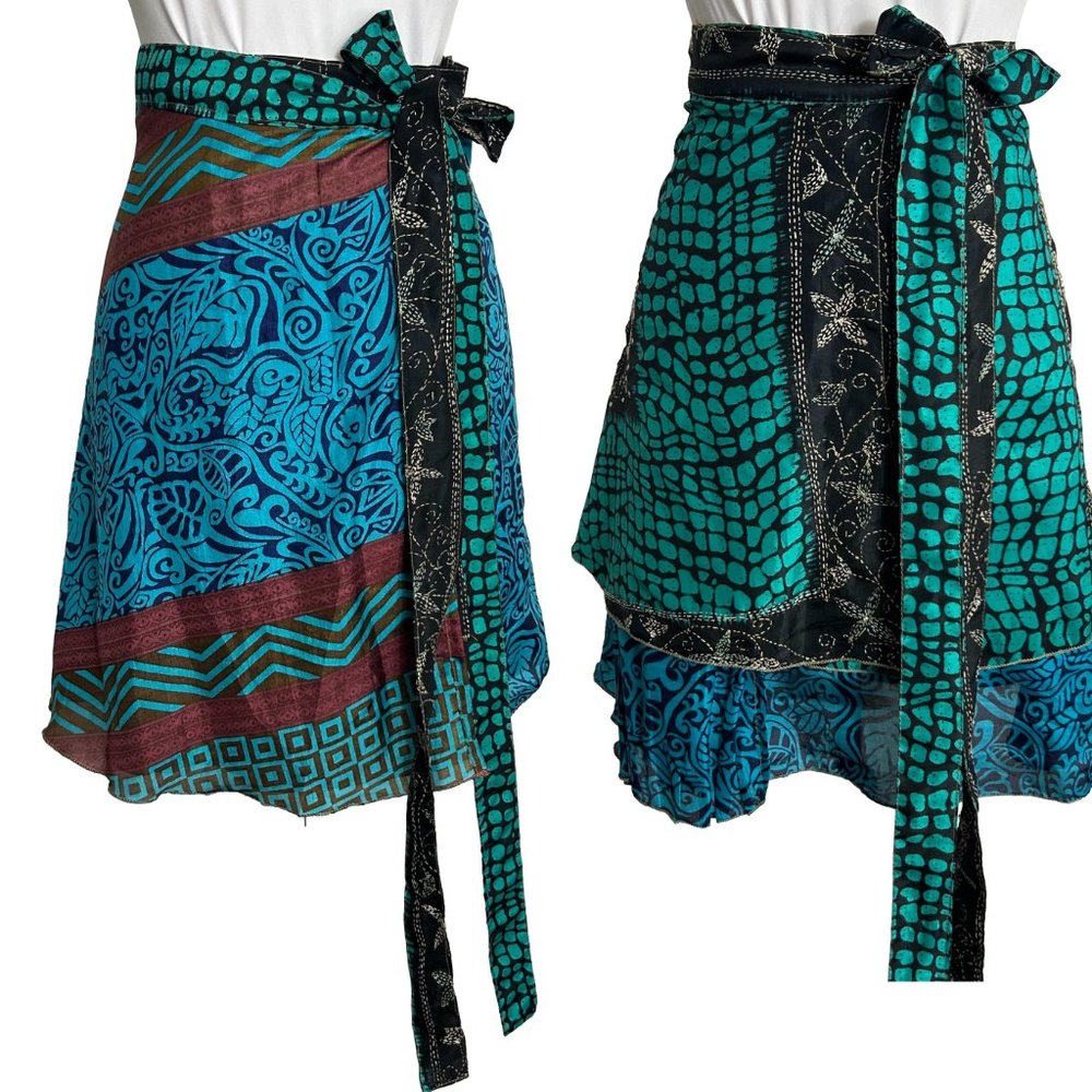 Reversible Wrap Skirt Double Layer One Size Bohemian Geometric Green Black